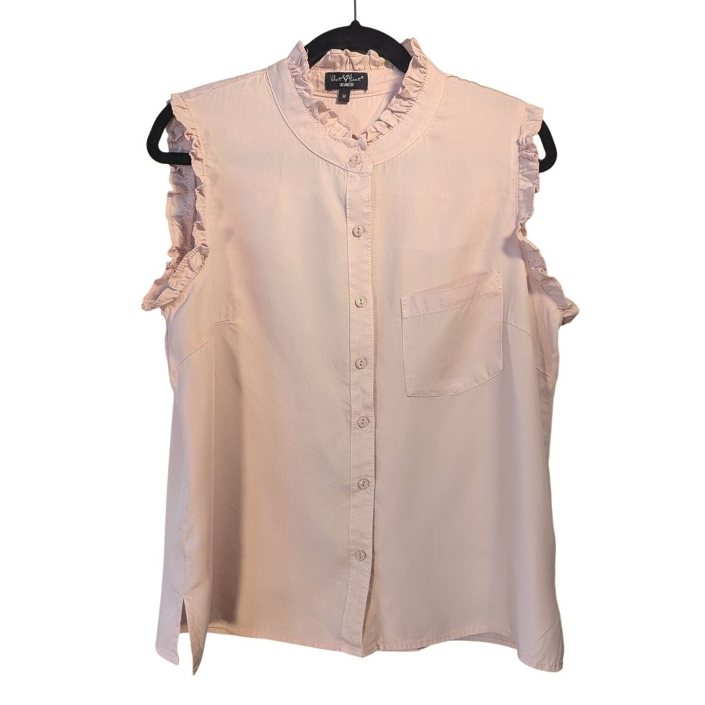 Powder Pink Women's Med Ruffled Sleeveless Velvet Hearts Tencel Blouse Soft Girl